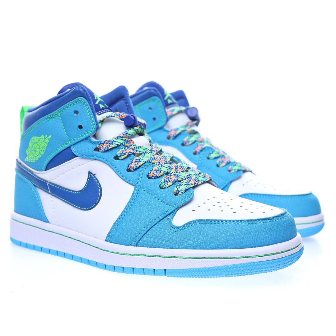 Nike Wmns Air Jordan 1 Mid GS"White Blue Neon Green"