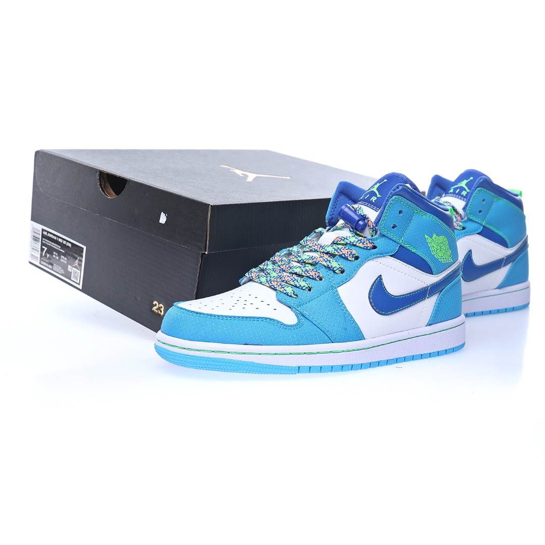 Nike Wmns Air Jordan 1 Mid GS"White Blue Neon Green"