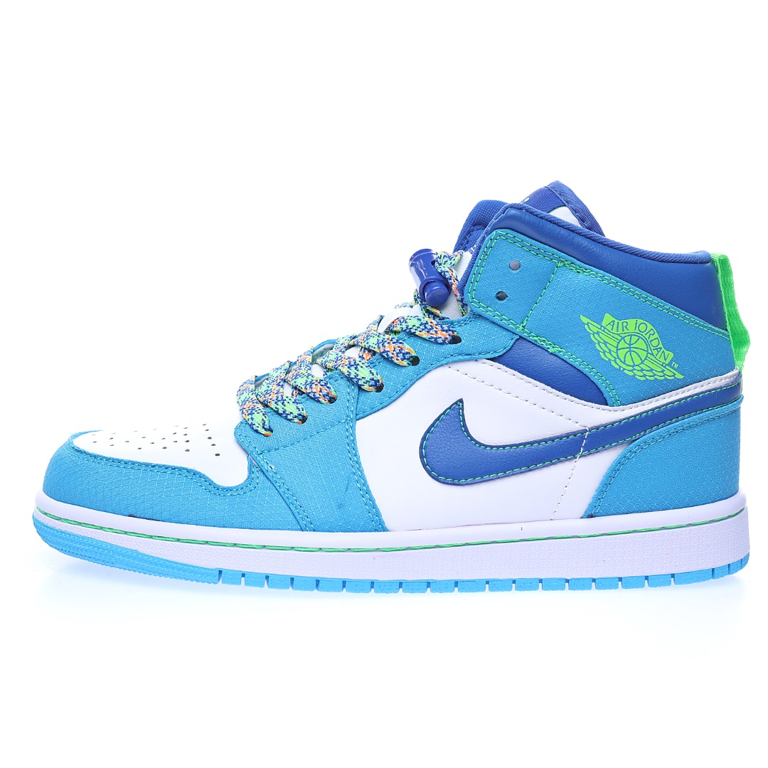 Nike Wmns Air Jordan 1 Mid GS"White Blue Neon Green"