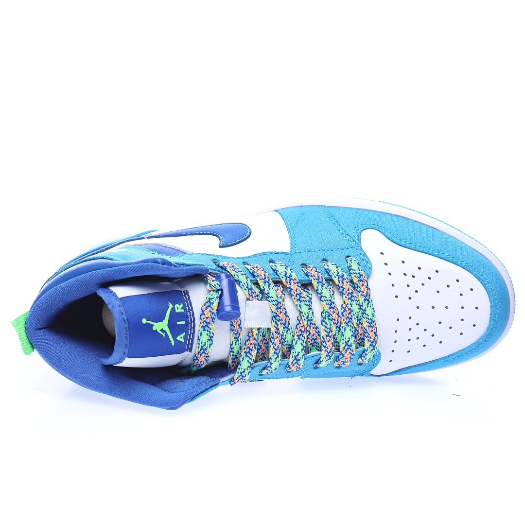 Nike Wmns Air Jordan 1 Mid GS"White Blue Neon Green"