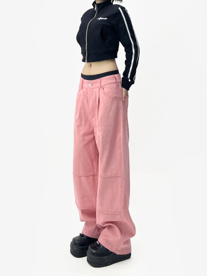 Pink jeans/old dirty powder women's loose low-waisted hip-hop cargo pants