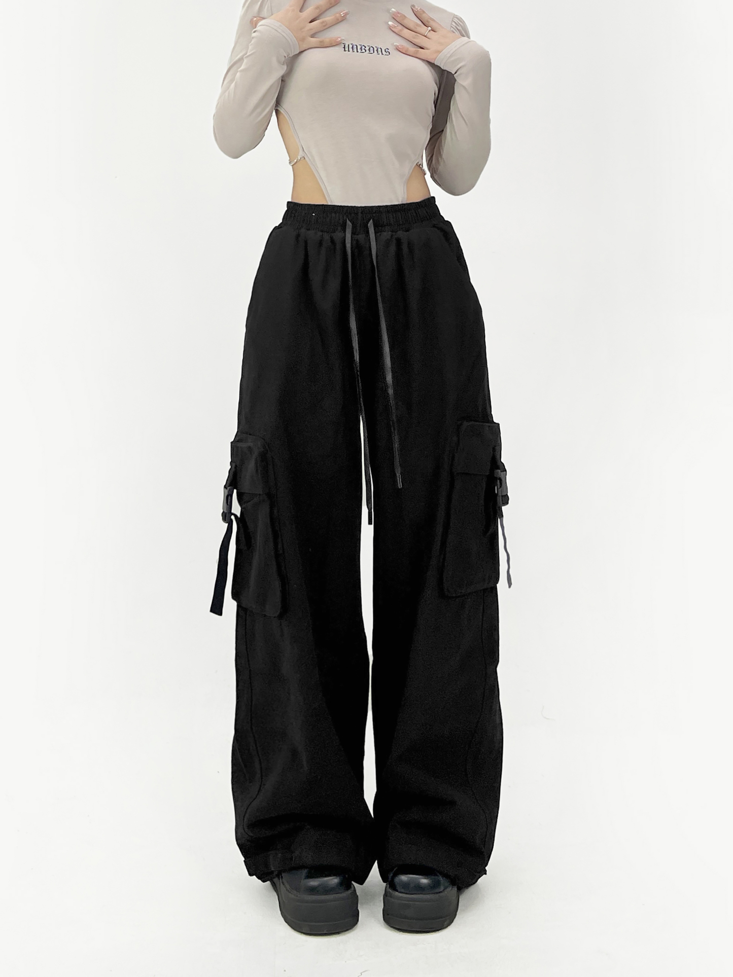 Large pocket overalls / black thin spring and summer women's loose wide-leg  cargo pants