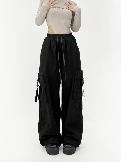 Large pocket overalls / black thin spring and summer women's loose wide-leg  cargo pants