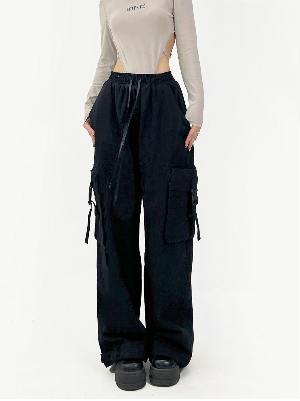 Large pocket overalls / black thin spring and summer women's loose wide-leg  cargo pants