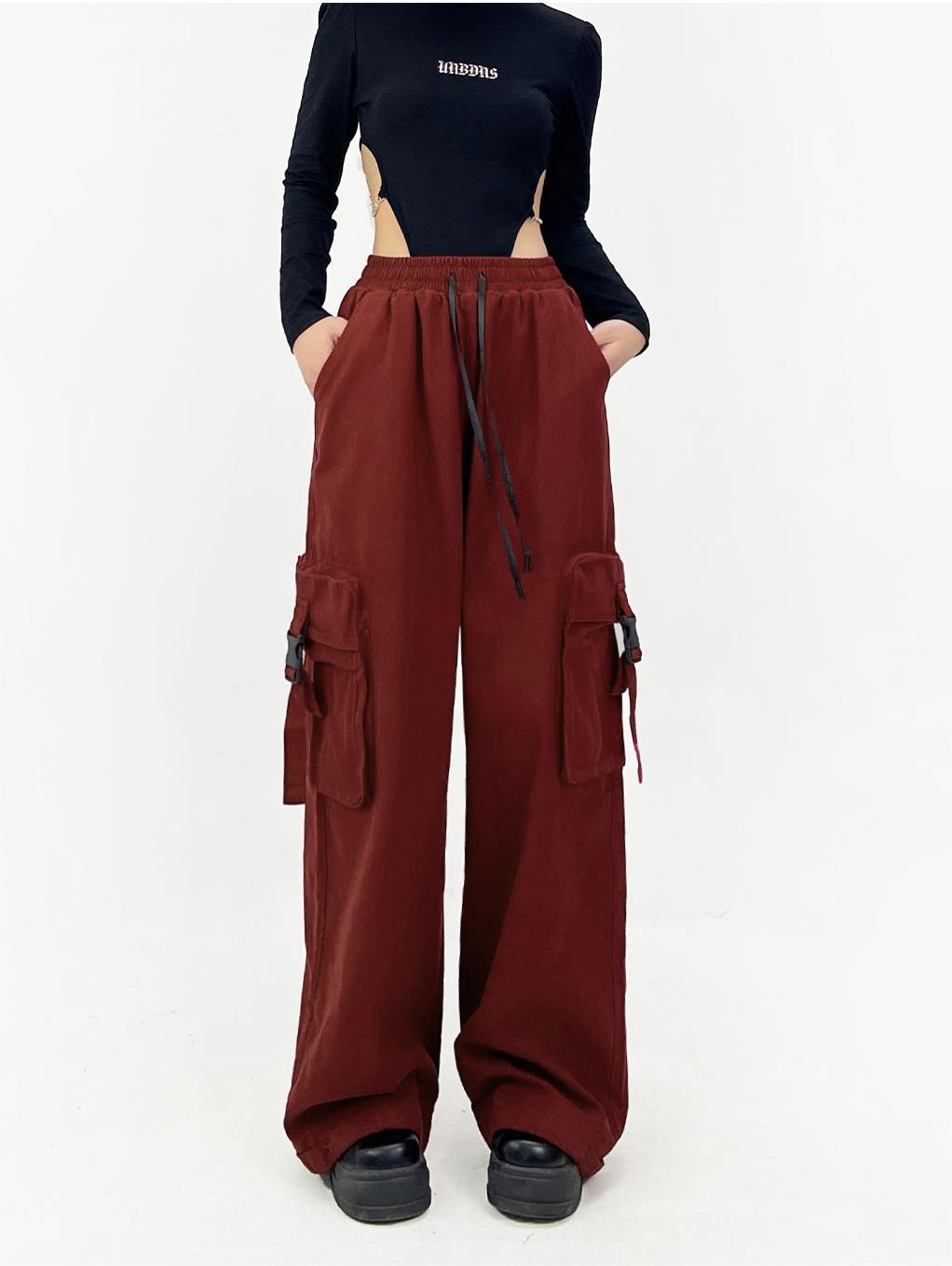 Large pocket overalls / black thin spring and summer women's loose wide-leg  cargo pants