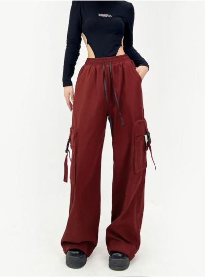 Large pocket overalls / black thin spring and summer women's loose wide-leg  cargo pants