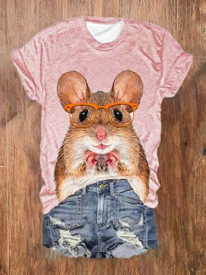 Women's Funny Glasses Animal Hamster Print T-Shirt