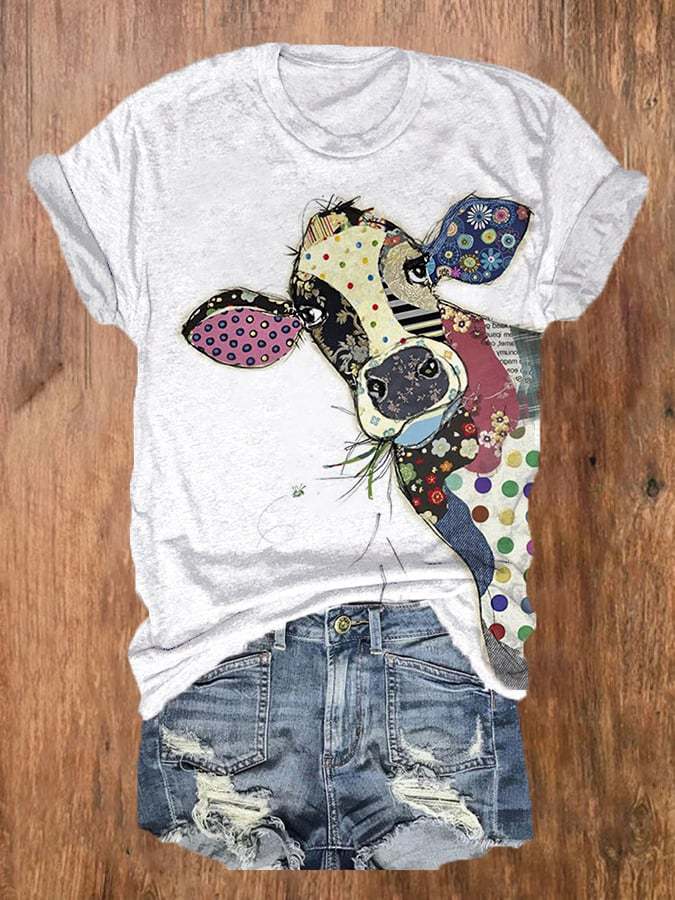 Women's Cute Floral Connie Cow Print Casual Tee
