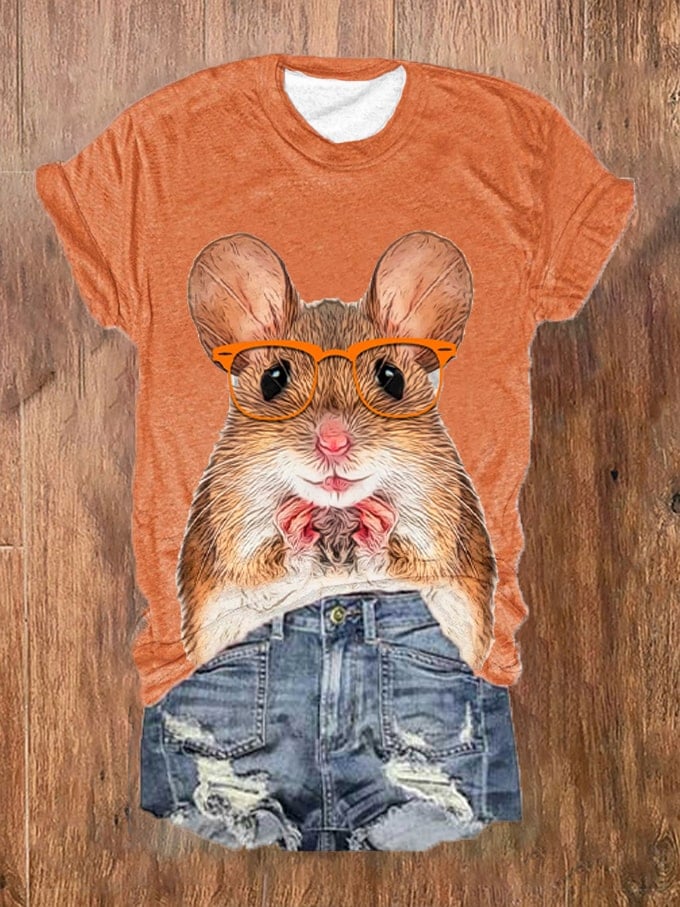 Women's Funny Glasses Animal Hamster Print T-Shirt