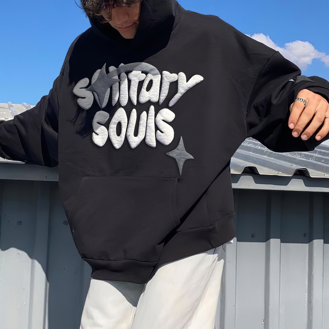 Puff Print Solitar Souls Loose Hoodie