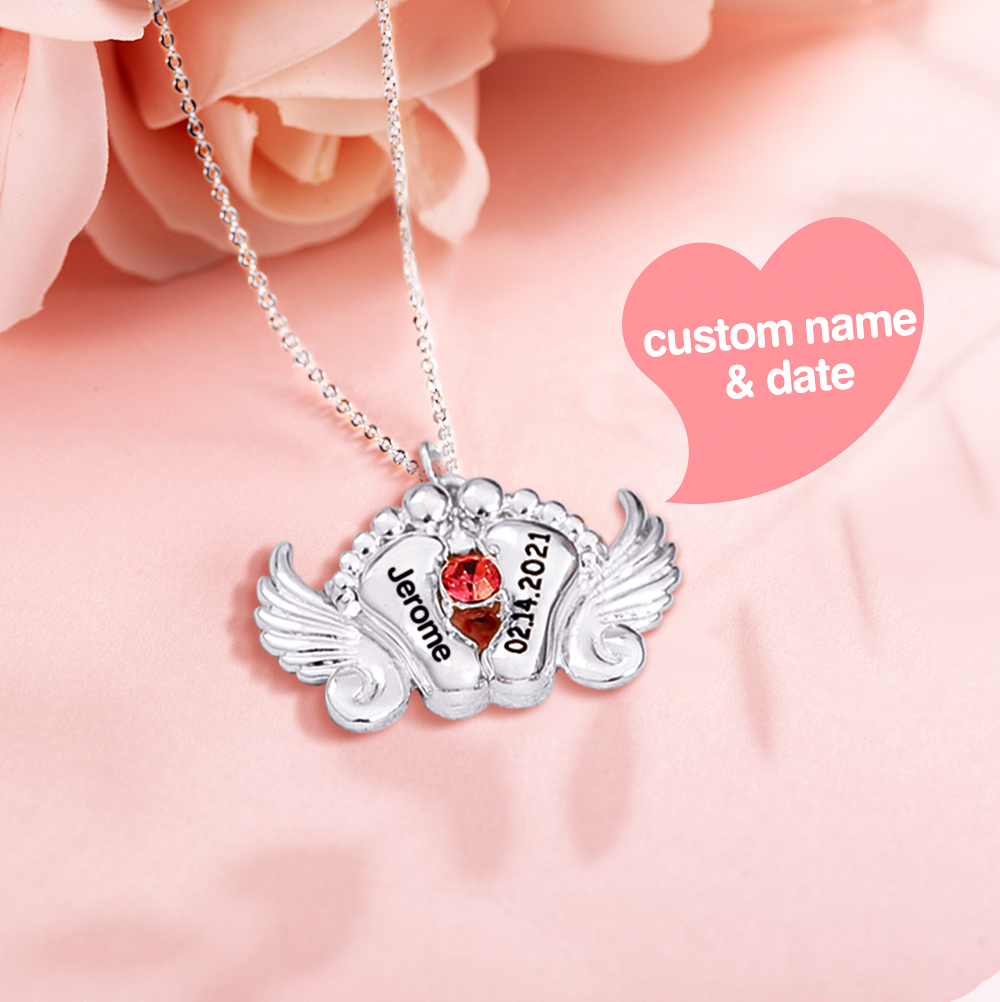 Personalized Angel Feet Locket Birthstone Necklace - 3 Colors