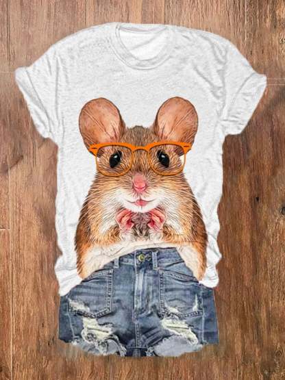 Women's Funny Glasses Animal Hamster Print T-Shirt