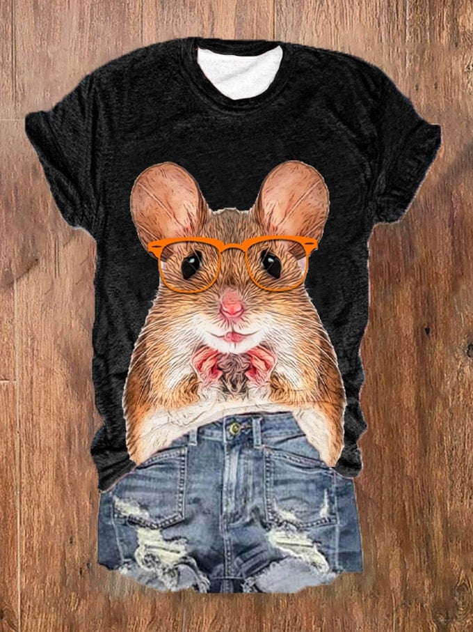 Women's Funny Glasses Animal Hamster Print T-Shirt