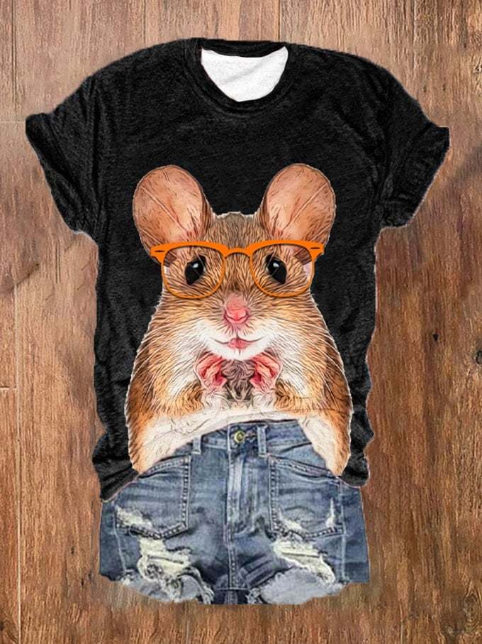 Women's Funny Glasses Animal Hamster Print T-Shirt