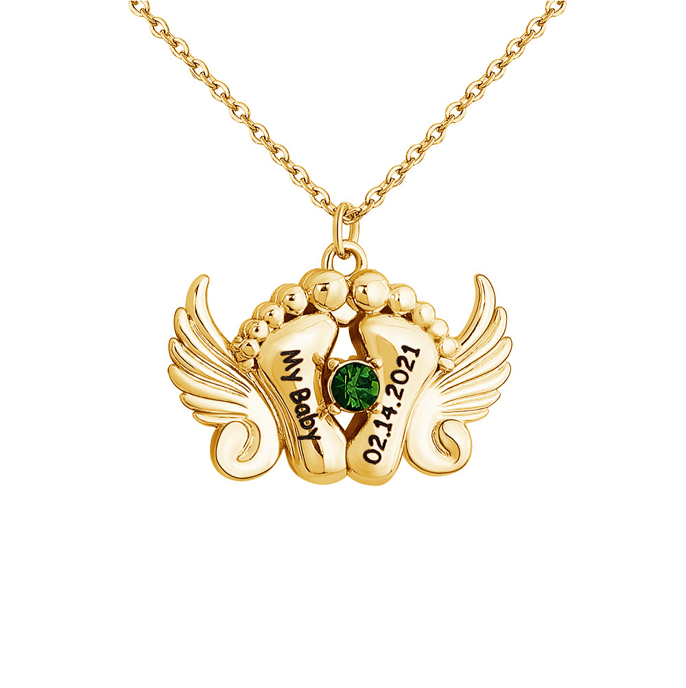 Personalized Angel Feet Locket Birthstone Necklace - 3 Colors