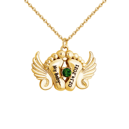 Personalized Angel Feet Locket Birthstone Necklace - 3 Colors