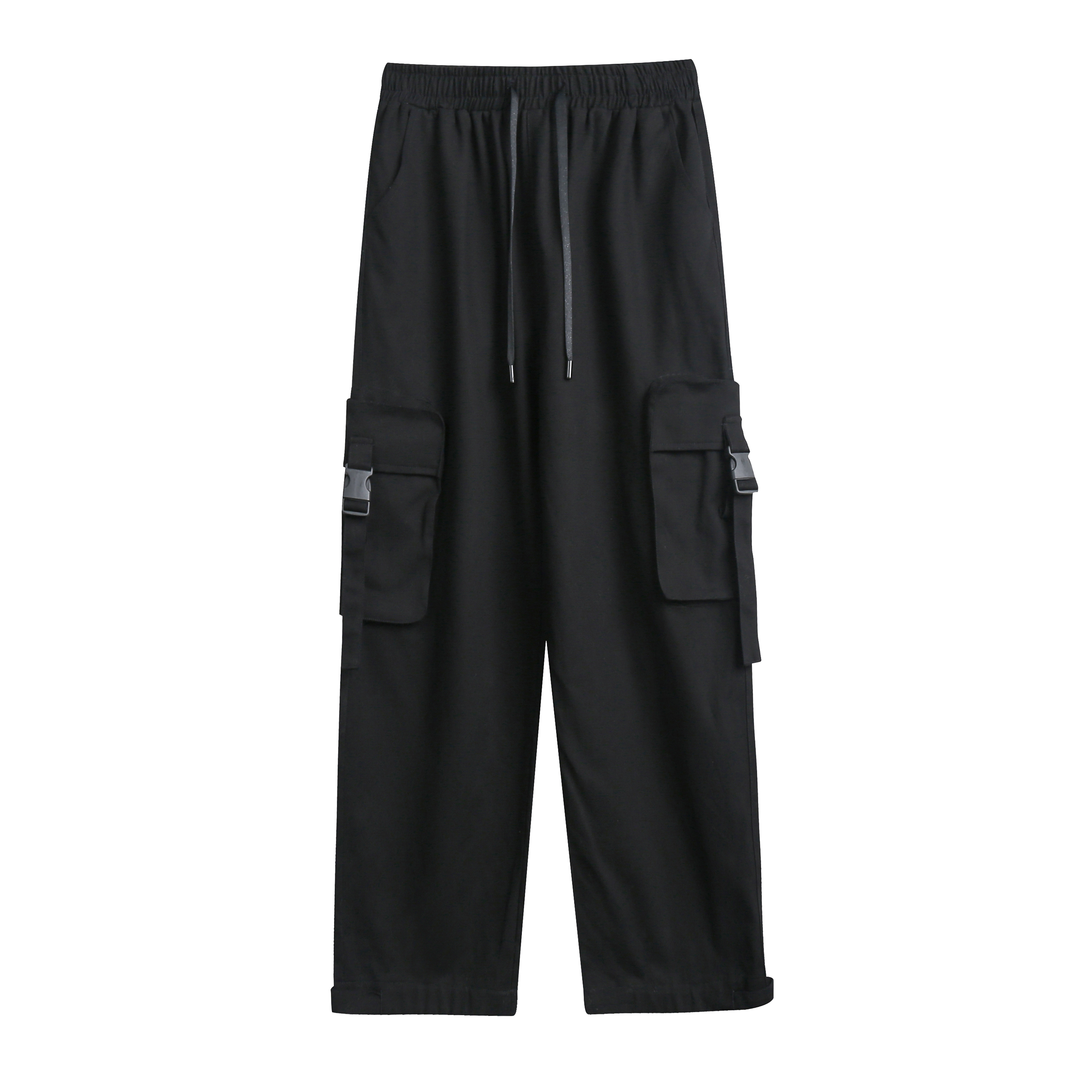 Large pocket overalls / black thin spring and summer women's loose wide-leg  cargo pants