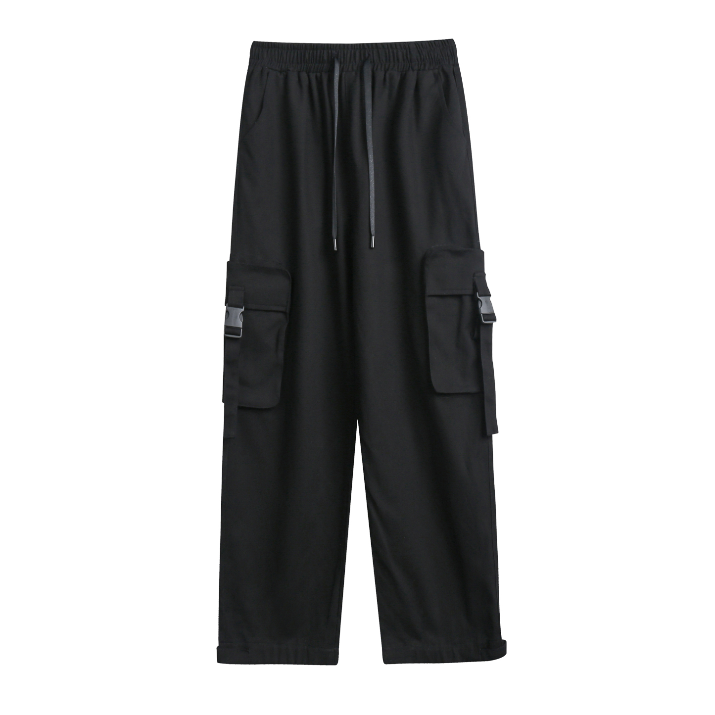 Large pocket overalls / black thin spring and summer women's loose wide-leg  cargo pants