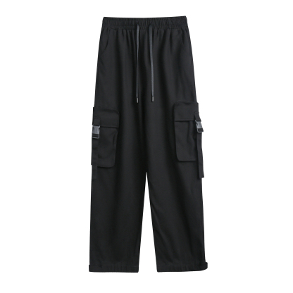Large pocket overalls / black thin spring and summer women's loose wide-leg  cargo pants