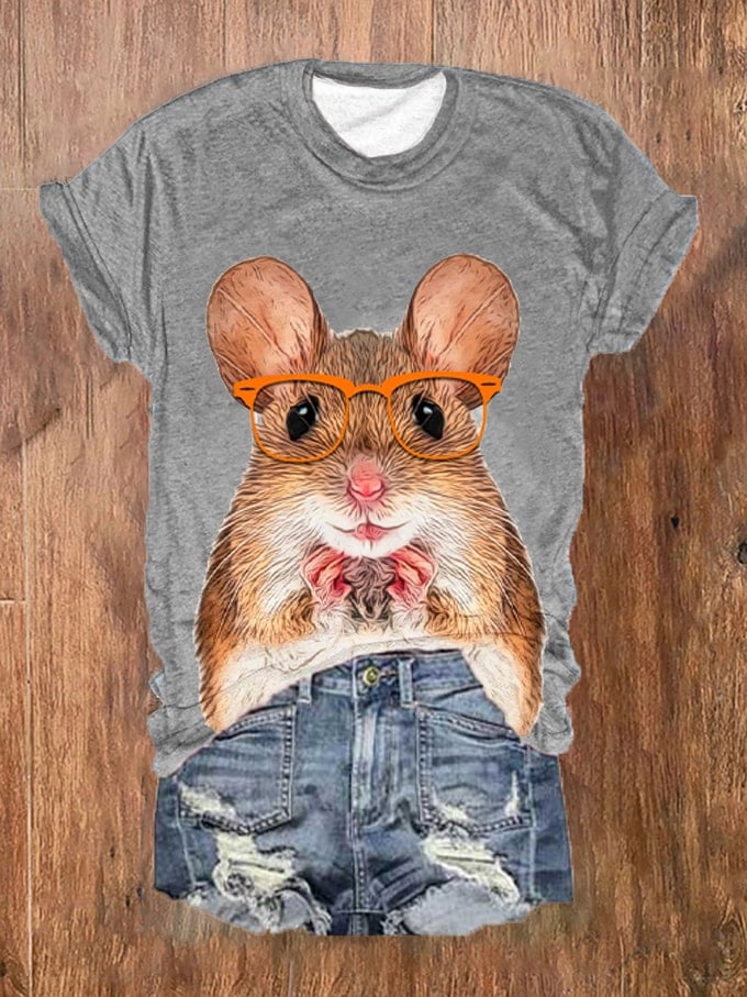 Women's Funny Glasses Animal Hamster Print T-Shirt