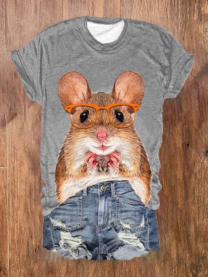 Women's Funny Glasses Animal Hamster Print T-Shirt