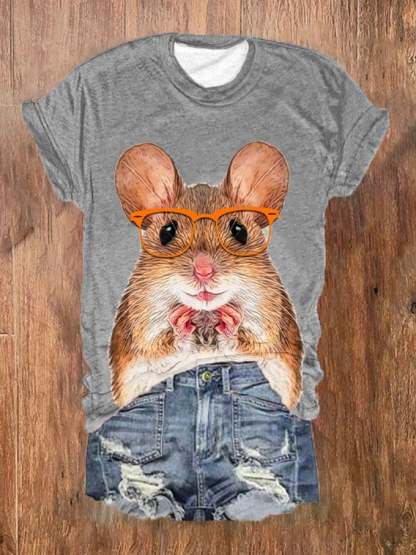 Women's Funny Glasses Animal Hamster Print T-Shirt