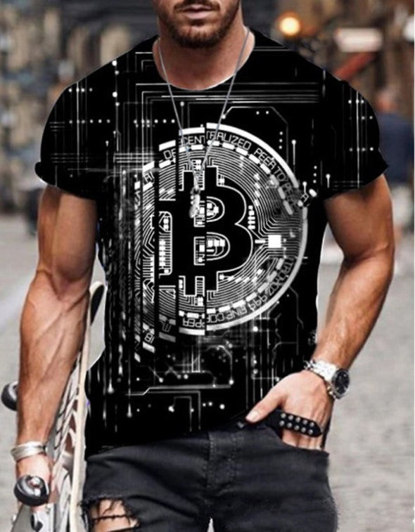Men's Short-Sleeved Loose T-Shirt Casual Streetwear T-Shirt Bitcoin 3D Printing Slim Round Neck Pullover Men