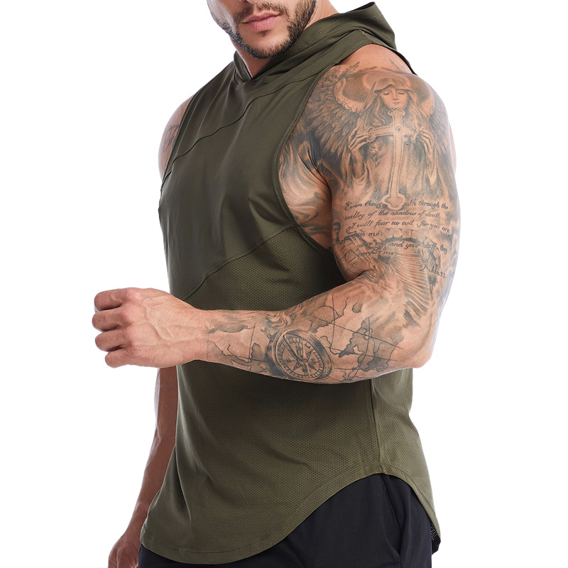 Amazon cross -border large -size sports vest men's hooded fitness fast -drying vest, sweat running out of vest summer