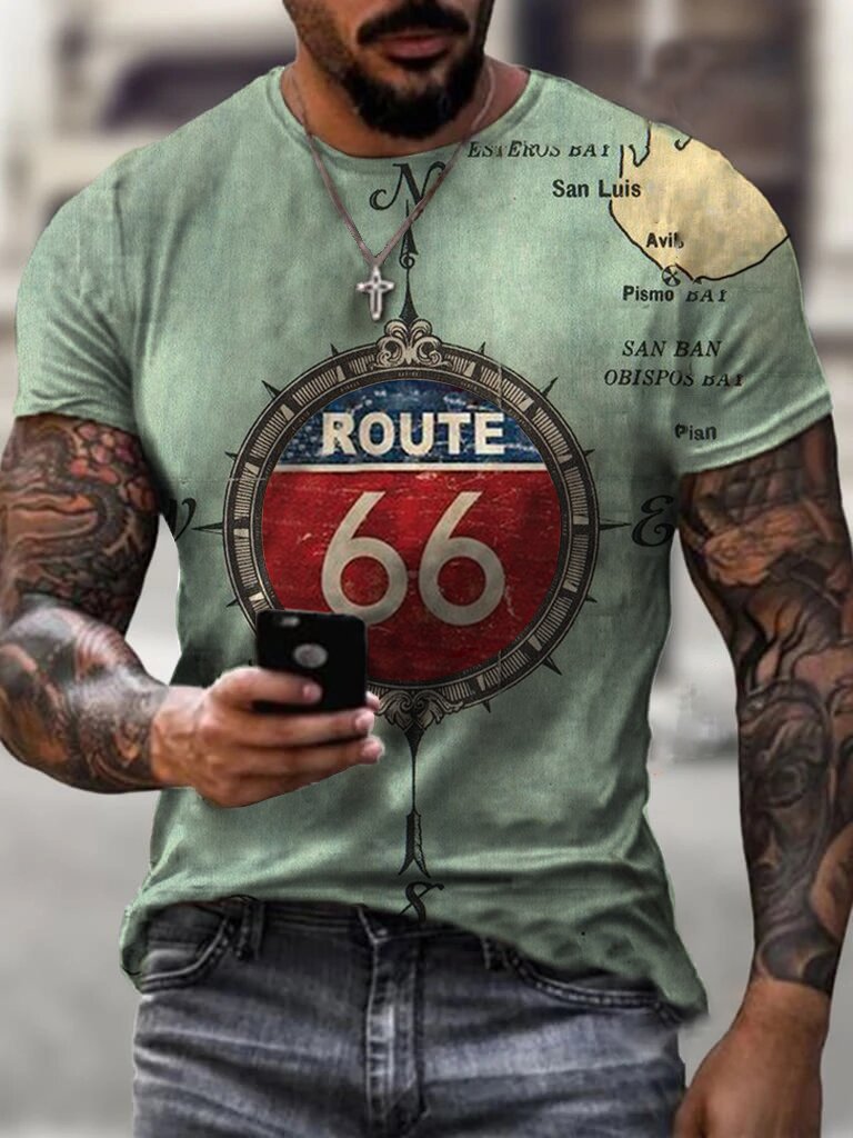 Retro Engine Route 66 Print T-shirt
