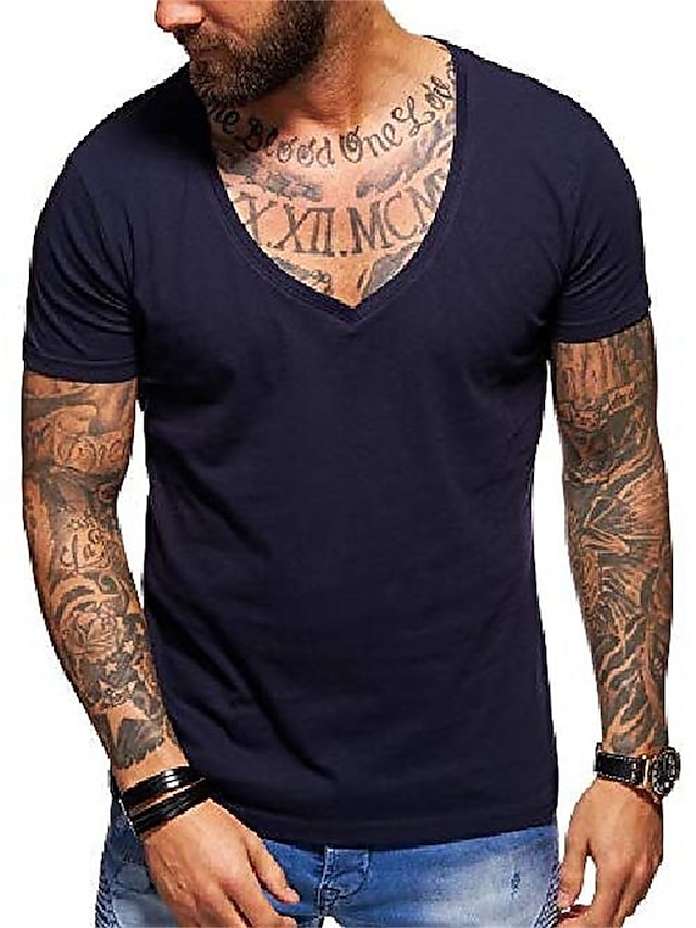 men's t-shirt tee basic deep v-neck casual solid color fashion muscle fitness workout casual premium top