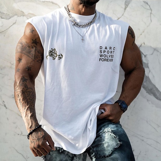 Men's Tank Top Vest Top Undershirt Sleeveless Shirt Graphic Letter Crew Neck Hot Stamping Casual Daily Sleeveless Print Clothing Apparel Cotton Sports Fashion Lightweight Big and Tall
