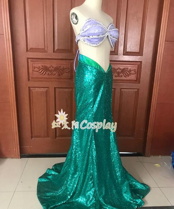 New Arrival Ariel Costume Fancy Halloween Green Dress Sexy Purple Princess Bra Top Performance Party