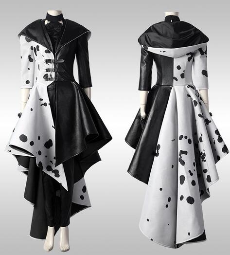 New Movie Cruella Cosplay De Vil Costume Halloween Christmas Carnival Clothing Black White Fashion Outfit For Adult Women