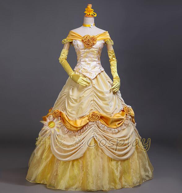 New Arrival Princess Luxury Cosplay Costume Belle Yellow Dress For Women Halloween Costumes Custom Made