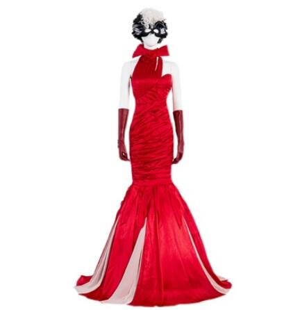 Anime Halloween Sexy Cruella Cosplay Red Dress Fashion Queen Costume Evening Party Ball Gown Fancy Mermaid Dress Wig Mask Women