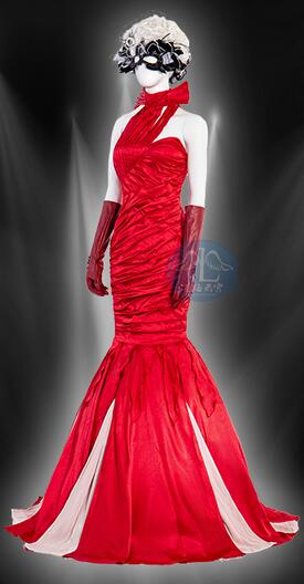 Anime Halloween Sexy Cruella Cosplay Red Dress Fashion Queen Costume Evening Party Ball Gown Fancy Mermaid Dress Wig Mask Women