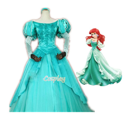 New Style Ariel Princess Cosplay Costume Green Dress Sleeve With Pearl For Adult Women Halloween Party