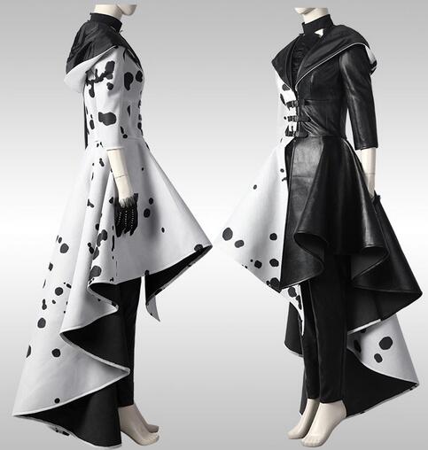 New Movie Cruella Cosplay De Vil Costume Halloween Christmas Carnival Clothing Black White Fashion Outfit For Adult Women