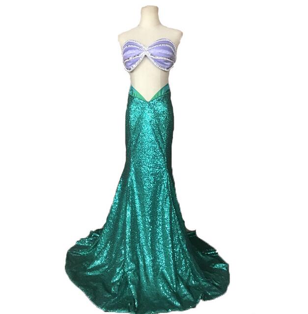 New Arrival Ariel Costume Fancy Halloween Green Dress Sexy Purple Princess Bra Top Performance Party