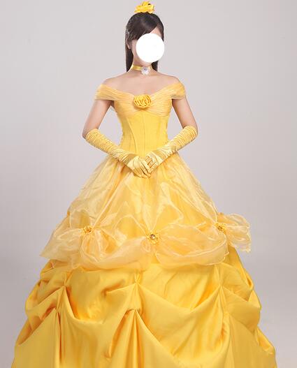 Free Shipping Belle Golden Costume For Women Party Girl Long Cosplay Dress Cos Custom Made