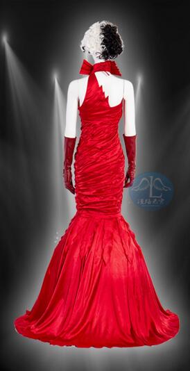 Anime Halloween Sexy Cruella Cosplay Red Dress Fashion Queen Costume Evening Party Ball Gown Fancy Mermaid Dress Wig Mask Women