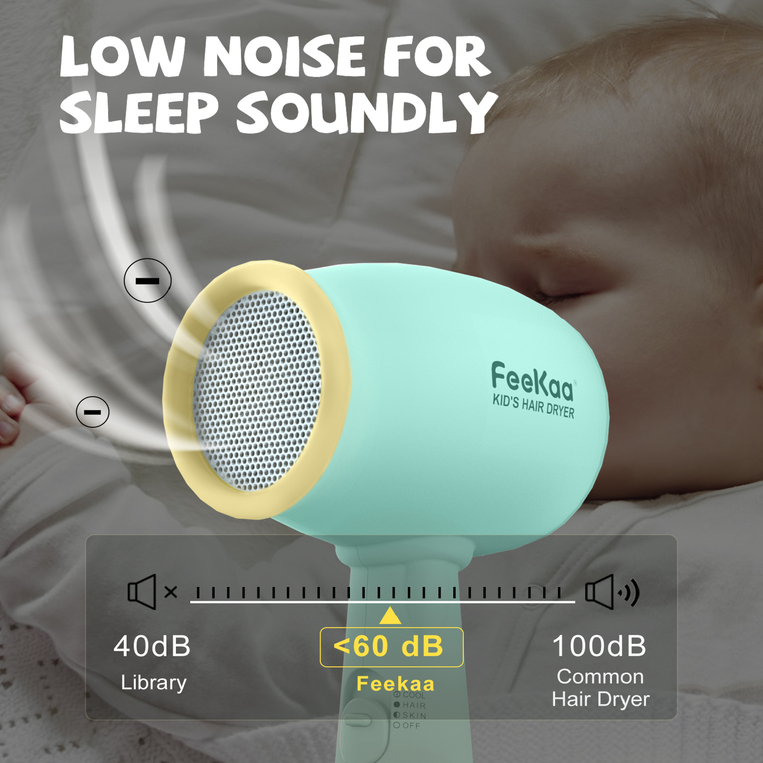 Kids Hair Dryer, FeeKaa Kids Blow Dryer for Girls, Baby Hair Dryer, Low Noise Gentle Heat for Baby Skin, Gift for Children's Birthday, Christmas Gift for Kids, Baby Shower