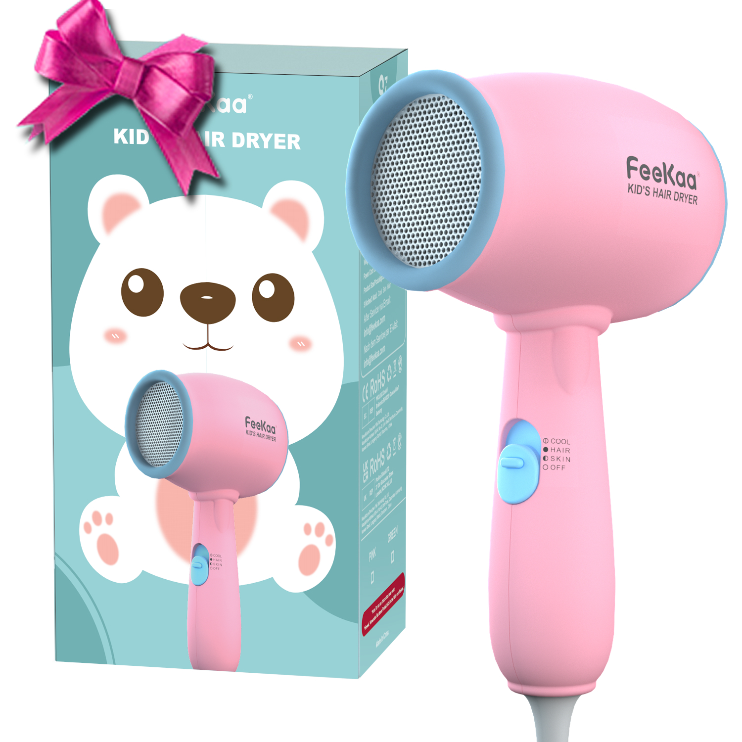 Kids Hair Dryer, FeeKaa Kids Blow Dryer for Girls, Baby Hair Dryer, Low Noise Gentle Heat for Baby Skin, Gift for Children's Birthday, Christmas Gift for Kids, Baby Shower, Pink