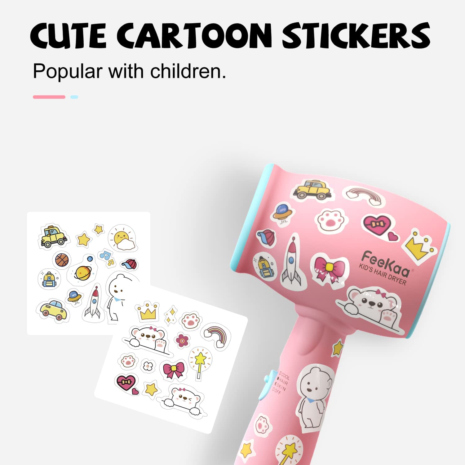 Kids Hair Dryer, FeeKaa Kids Blow Dryer for Girls, Baby Hair Dryer, Low Noise Gentle Heat for Baby Skin, Gift for Children's Birthday, Hair Dryer Christmas Gift, Gift for Christmas, New Born, Baby Shower, Pink