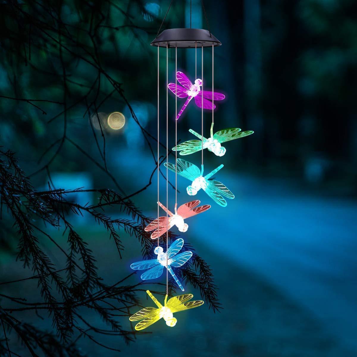 Color Changing Dragonfly Wind Chimes LED Mobile Solar Hanging Light