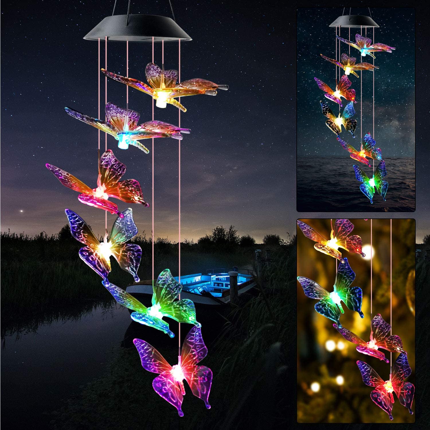 Colorful Butterfly Solar Wind Chimes Outdoor Color Changing Mobile Solar Hanging Light