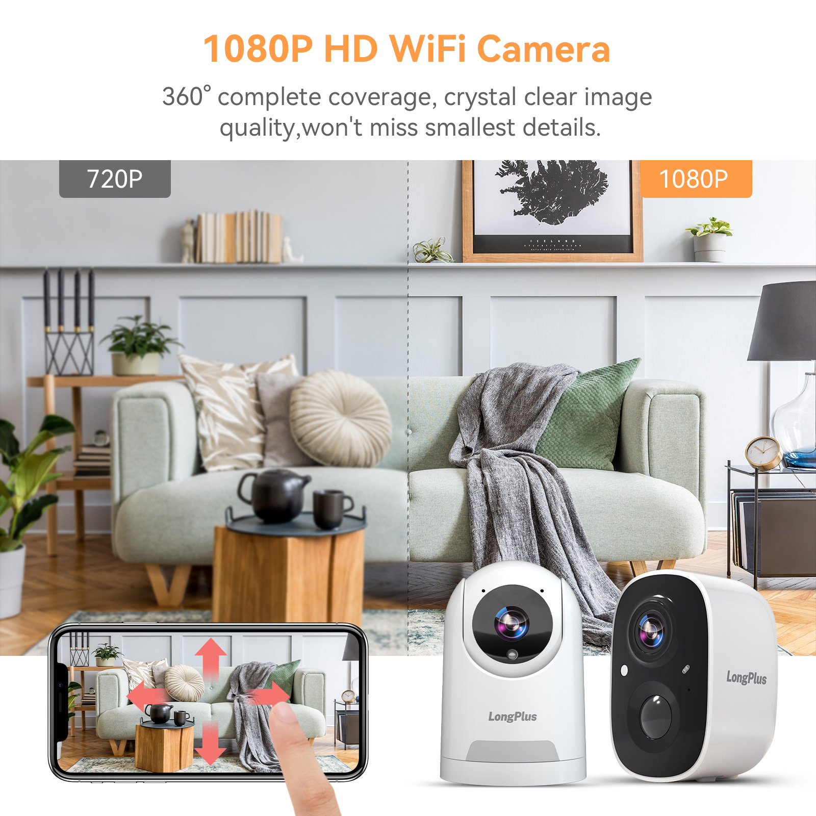 LongPlus® B1 Wi-Fi Security Camera for Home Security (2 Pack)