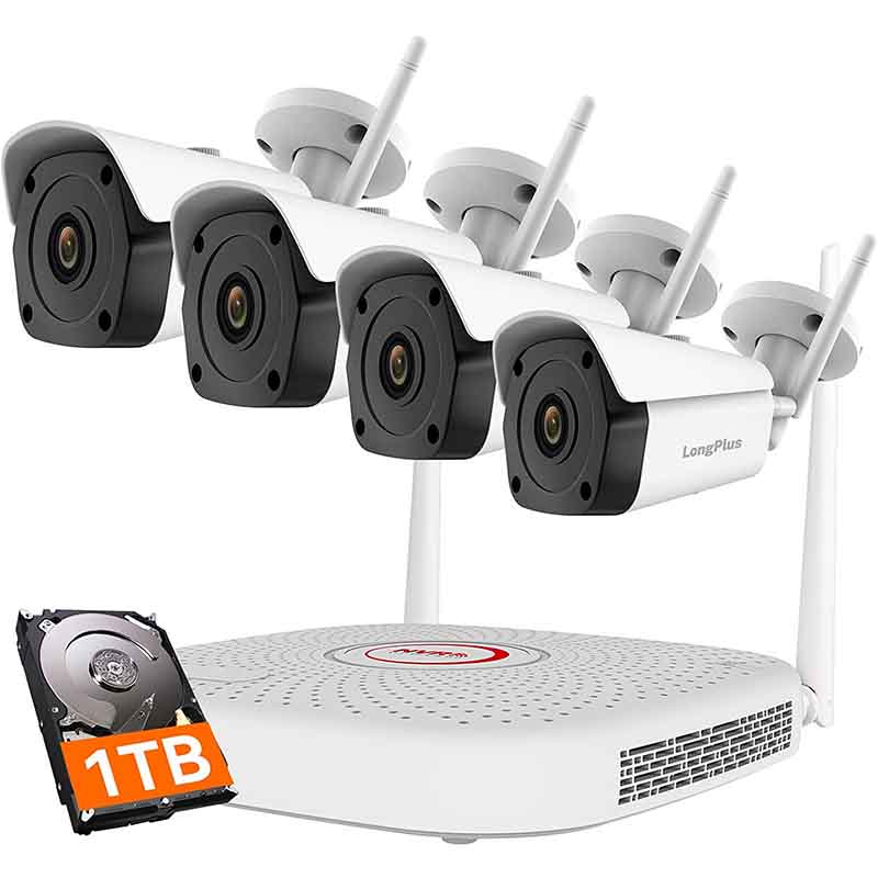 LongPlus Wireless Security Camera System, 4CH 4K Surveillance NVR Kits with 4pcs 4K(8MP) IP Cameras for Home Security, Outdoor WiFi Wireless Camera with Night Vision, 1TB HDD, Audio & Video,Plug&Play