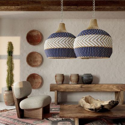 Blue Rattan Pendant Light Handmade Unique Round Lamp-labpiecesign