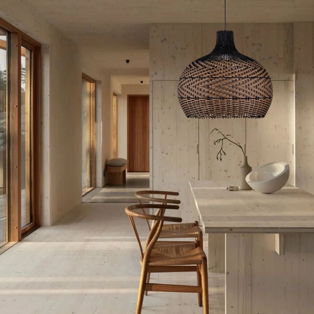 Dark Color Black Brown Stripes Rattan Pendant Shade Hardwired Light Fixture-labpiecesign